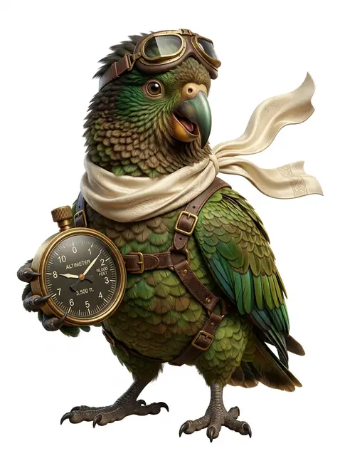 Captain Zephyr, a Kea bird in aviator gear
